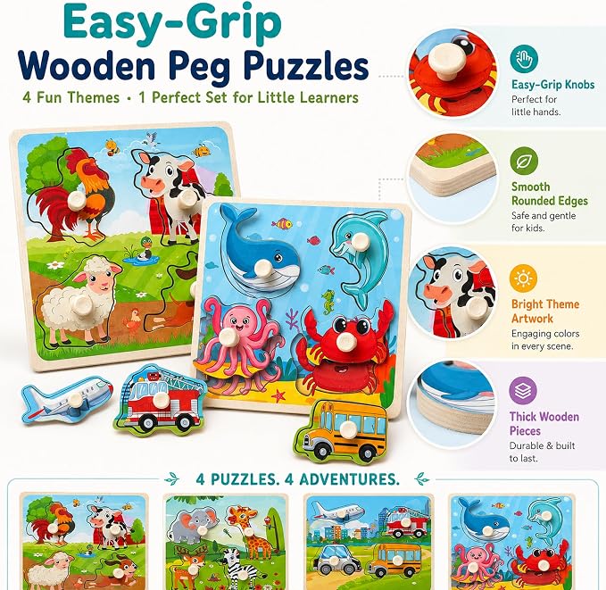 Wooden Peg Puzzle Set for Toddlers, 4 Pack Animal Vehicle Ocean Farm Puzzles, Montessori Wooden Puzzles for Ages 2-4, Preschool Learning Toys for Fine Motor Skills, Gifts for Boys Girls 1 2 3 4 - Image 4