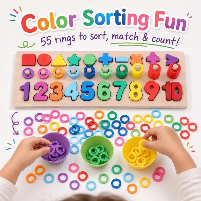 GeroCrew Wooden Montessori Toys for Kids Toddler Number Puzzles Sorter Counting Shape Stacker Stacking Game Preschool Toys for Boy Girl Learning Education Math Blocks Year Old Girl Gifts (Rainbow) - Image 6