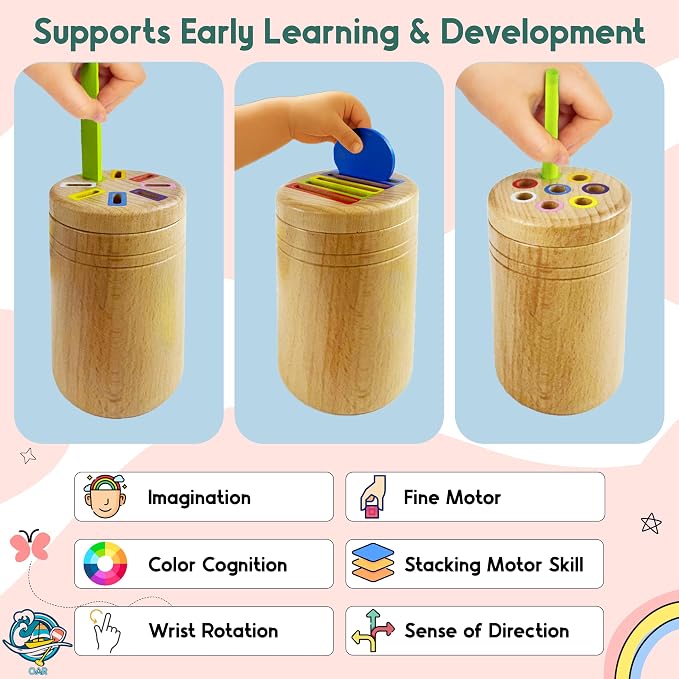 OAR Wooden Montessori Baby Toddler Toys 1-3, 3 in 1 Fine Motor Sensory Toy - Image 3