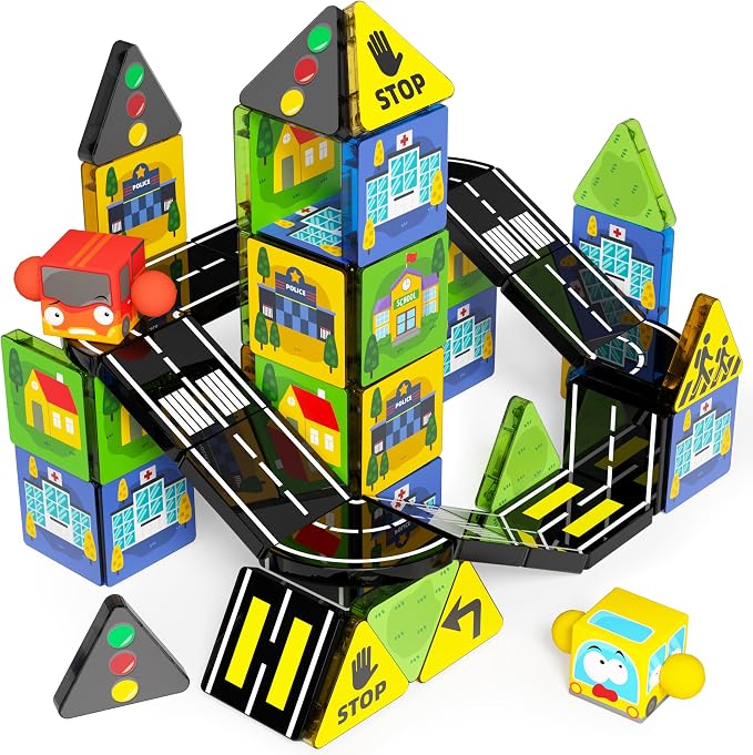 GobiDex Mini Magnetic Tiles Road Set with 2 Cars for Kids Ages 3+ by GobiDex