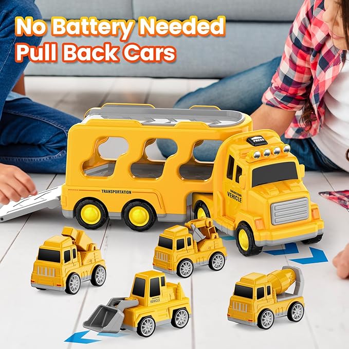 Toddlers Construction Toys for Kids 3-9 Year Old，5 in 1 Friction Power Vehicle Car for 3 4 5 6 7 Years Old Boys Girls，Carrier Truck Transport Toys for Christmas and Birthday Gifts