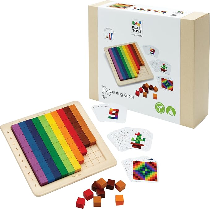 PlanToys® 100 Counting Cubes Wooden Montessori Math & Sorting Set for Kids by PlanToys
