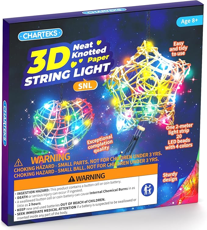 CHARTEKS 3D String Light Craft Kit for Kids, String Art Kit with LED Bulbs and Wind Chime, Arts and Crafts Set, Birthday Gifts for Girls Boys Ages 8+ (SNL, Paper String)