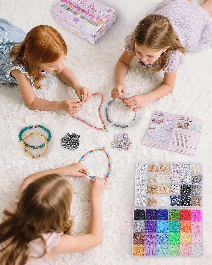 Clay Beads 2 Boxes 24 Colors Bracelet Making Kit, Round Letter Beads with Charm and Elastic Strings, Friendship Bracelets Holiday Gifts for Girls Adults