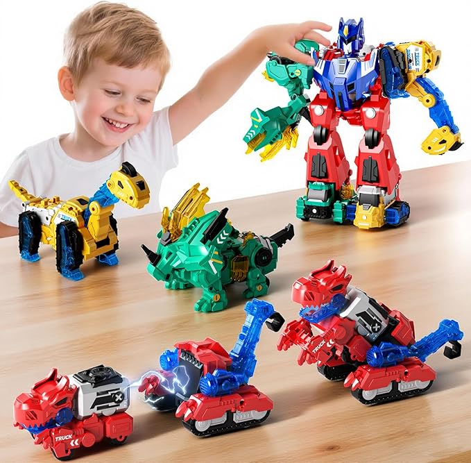 Magnetic Dinosaur Transforming Robot Toys, 6-in-1 Dino Construction Trucks for Kids, Magnetic Car Toys for Boys Girls Age 3 4 5 6 7 8, STEM Educational Christmas Building Gift