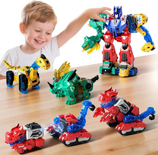 Magnetic Dinosaur Transforming Robot Toys, 6-in-1 Dino Construction Trucks for Kids, Magnetic Car Toys for Boys Girls Age 3 4 5 6 7 8, STEM Educational Christmas Building Gift