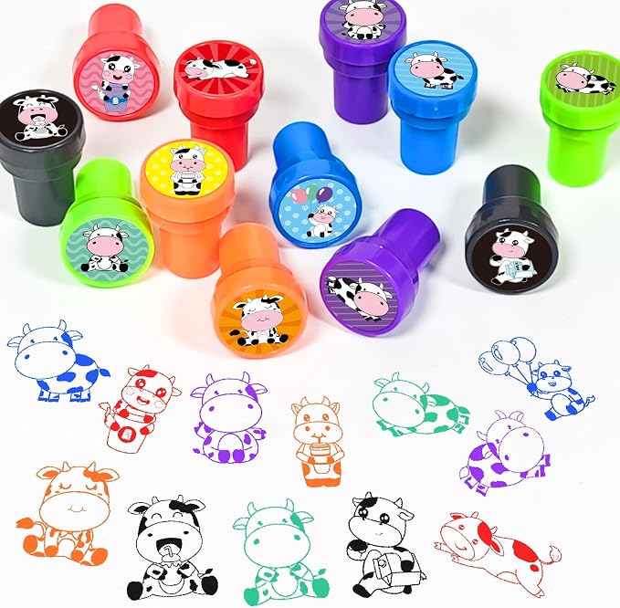 Cinrobiye 24 Pcs Cow Stampers Party Favor Set, Cute Farm Animal Stamps for Kids Birthday Party, Classroom Rewards, Farm Themed Party Supplies, Goody Bag Fillers, Barnyard Animal Toys - Image 4