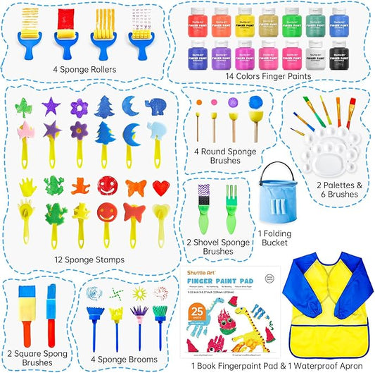 Shuttle Art Washable Finger Paint Set, 53 PCS with 14 Colors (2 fl oz), Paint Brushes, Sponge, Palette, Non-Toxic Finger Painting for Toddlers