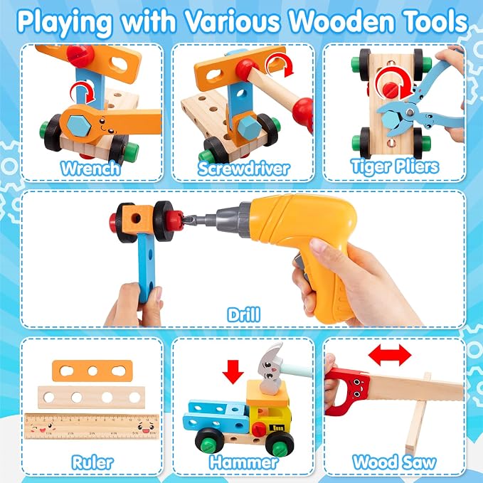 59Pcs Kids Tool Set with Electric Drill, Montessori Wooden Toys Kit - Image 3
