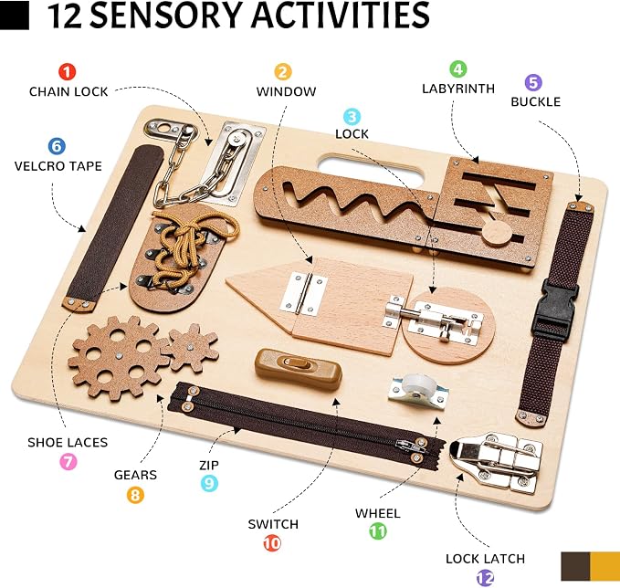Montessori Busy Board for Toddlers, Wooden Sensory Toys, Preschool Learning Activities for Fine Motor Skills Travel Toy, Basic Life Skills Educational Gifts for 1, 2, 3 Years Old Kids Boys Girls - Image 3