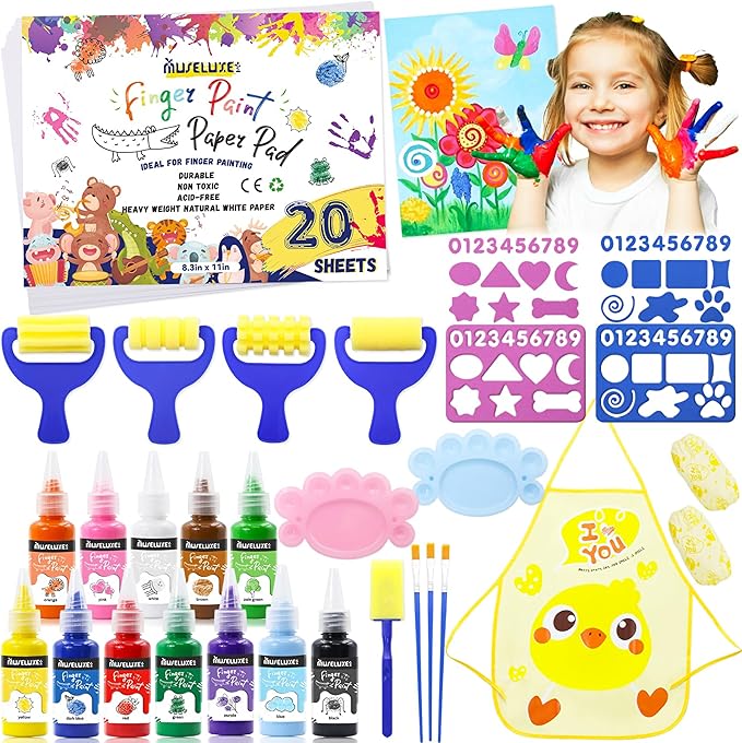 45PCS Kids Washable Finger Paint Kit,12 Colors Non Toxic Finger Paints,Art Painting Supplies for Toddlers - Paper,Brushes,Sponges,Children Drawing Gifts for Kids Boys Girls