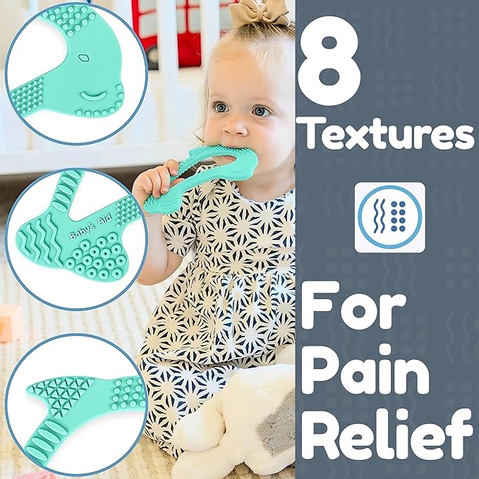Dolphin Silicone Teether Toy with 8 Texture Zones, Easy Grip for Little Hands, Ages 3M+, Baby’s Aid (Aqua Mint)