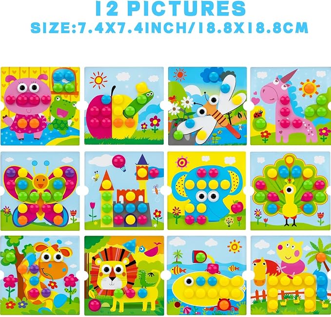 Button Art Pegboard for Toddlers - 12 Pics & 46 Buttons, Gift 3+ - Image 4