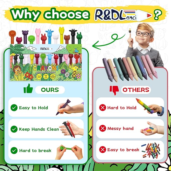 R&DLanci Animal Crayons for Toddlers, 11-colors Washable Crayon Set with Eraser & Drawing Paper, Non-Toxic Crayon, Easy to Hold, Mess-Free Crayons for kids, Art Supplies for Toddlers and Kids Ages 3+