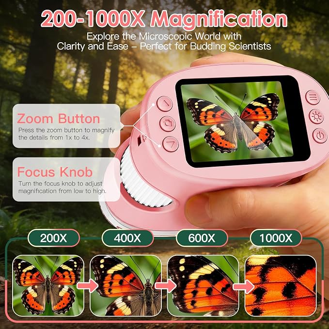 4K 1000X Handheld Digital Microscope for Kids with 2.0" IPS Screen(Pink) - Image 2