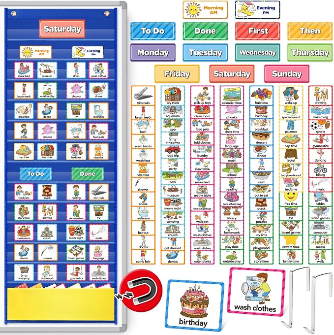 Torlam Visual Schedule for Kid Chore Chart Pocket Charts, Toddler Morning Bedtime Routine Chart Responsibility Daily Schedule Board, Autism Learning Materials PECS ASD ADHD Tools for Home, 105 Cards by Torlam