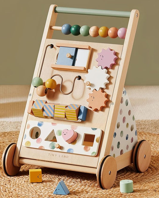 Tiny Land Wooden Baby Walker, Adjustable Speed Baby Push Walker for Boys and Girls, Montessori Activity Center Push Toy for Kids Development (Morandi)