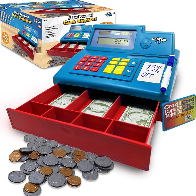 Dr. STEM Toys Solar Powered Calculator Pretend Cash Register with Play Money – 67-Piece Set for Learning Math Skills, STEM Cash Register for Kids (Blue) by THiNAiRToys-DrSTEM