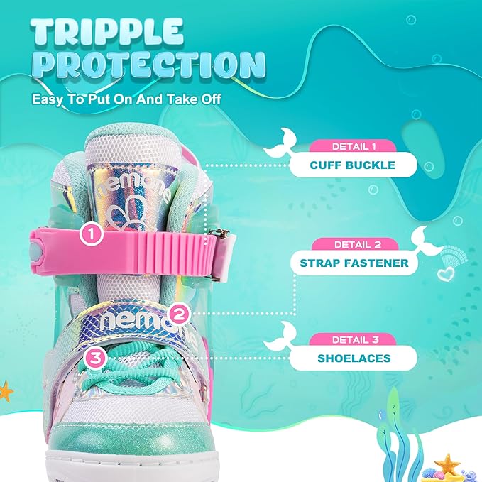 NEMONE Mermaid 4 Size Adjustable Light up Roller Skates for Girls, Purple Blue Skates for Toddlers, Beginner Kids Butterfly Roller Skates Indoor Outdoor