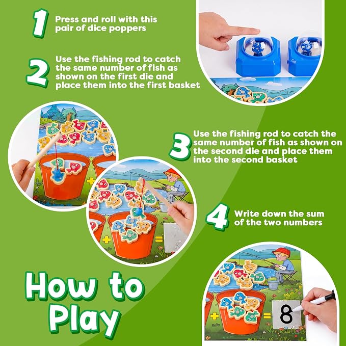 Magnetic Fishing Math Game for Kids 3-5, Montessori Counting Toy with Dice Poppers, Preschool Math Manipulatives Board Game, Addition and Subtraction Dice Game for Homeschool Classroom - Image 4
