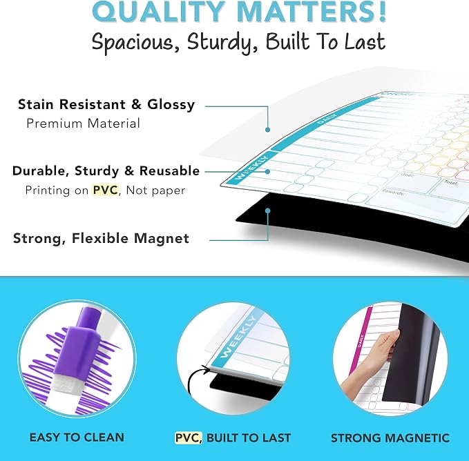 3 Pcs Responsibility Chore Chart Set for Multiple Users, Teens & Adults - Pocket Charts - Fridge Magnetic Whiteboard Set - 3 Individual Dry Erase Organization Charts (10"x10" Each) & 8 Markers - Image 3