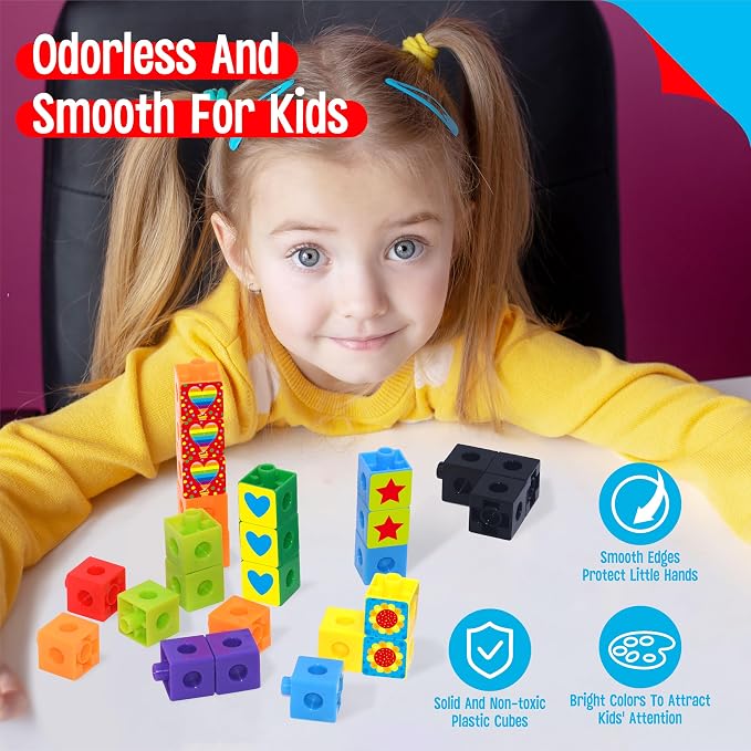 100 Math Linking Cubes, Math Cubes with 320 Reusable Stickers Manipulative Geometric Shapes Connecting and Counting Snap Blocks for Early Math & Construction, Educational Toy for Preschool, Homeschool - Image 3
