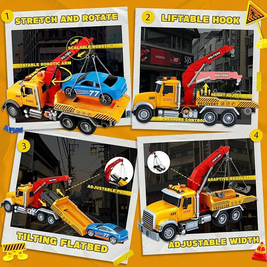 SMILESSKIDDO Toddler Boy Toys for 3 4 5 6 Year Old - 1:12 Large Friction Powered Tow Truck with Light & Sound, Sports Car & Road Signs, Birthday Gifts for Kids, Toddlers Gifts