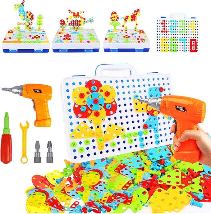 HAPTIME Design and Drill Toy,Educational Toys Building for Kids Ages 3-8,STEM Toys for 3 4 5 6 Year Old,193 Pcs Electric Drill Toy,Magic Montessori Play Toolbox for Toddler Boys Girls Preschool by WelcometoHAPTIME