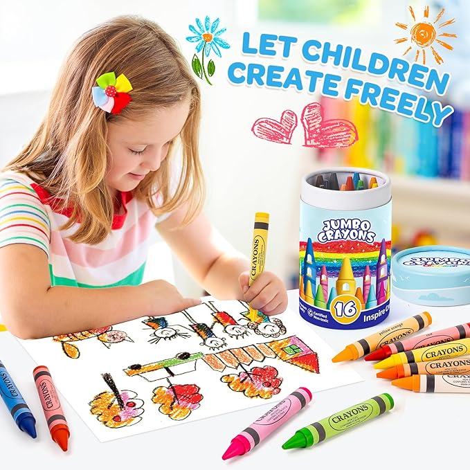 16 Colors Jumbo Crayons for Toddlers 1-3, Washable Easy to Hold Large Crayons for Kids Ages 2-4 4-8, Non-Toxic Crayon for School Art Supplies, Classroom Must Haves,Birthday Easter Gifts for Boys Girls