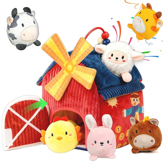 brenzo Barnyard Baby Toys 6-12 Months, 7-Piece Montessori Sensory Playset Babies 0-3, Tummy Time Companion w/ 6 Farm Animals, Rattle, Crinkle, Squeaker & Mirror, Ideal Newborn Toddler Christmas Gift