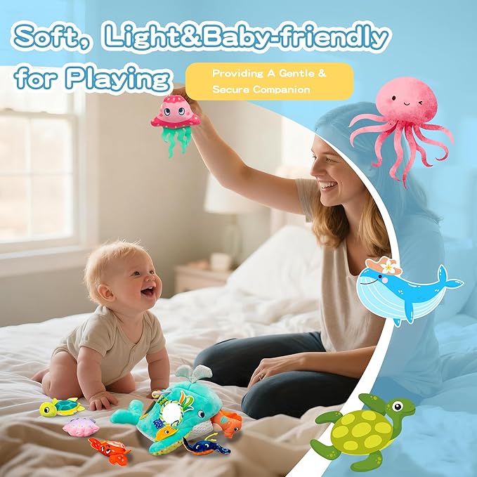 brenzo - Wobble The Whale & Ocean Friends Plush Set | 7-Piece Montessori Sensory Toys for Babies 0-3 | Tummy Time Companions with Rattle, Mirror, Crinkle & Squeaker | Ideal Newborn Toddler Gift