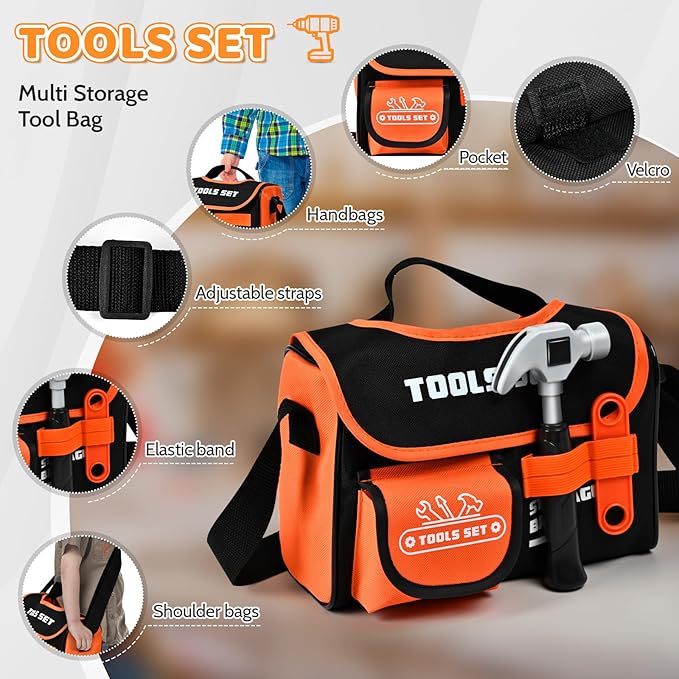 Kids Tool Sets with Portable Bag, Toddler Tool Set with Electric Drill Toy, Boy Toys Age 4, Construction Toys Tool Sets for Kid, Kids Tool Kit, Pretend Play Toys for 3 Year Old Boys Gift