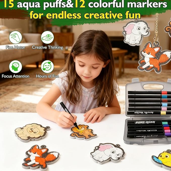 Aqua Puffs 3D Art Kit, Jungle & Forest Animals Crafts for Kids, DIY Foam Texture Painting & Inflate Activity – Easy, Fun, Mess-Free, Christmas Birthday Gift for Girls & Boys Age 4 5 6 7 8 9 10