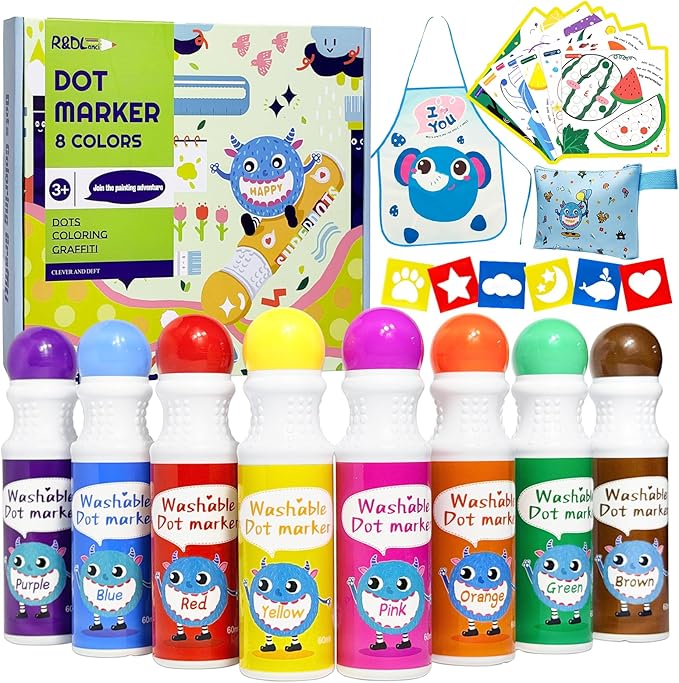 R&DLanci Washable Dot Markers for Toddlers, 8 Colors Dot Paints with 108 PDF & 12 Activity Papers,Non-Toxic Bingo Daubers for Toddlers 2-4, Non-Toxic Bingo Markers for Kids Arts and Crafts Gifts