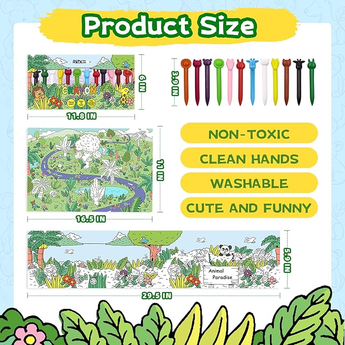 R&DLanci Animal Crayons for Toddlers, 11-colors Washable Crayon Set with Eraser & Drawing Paper, Non-Toxic Crayon, Easy to Hold, Mess-Free Crayons for kids, Art Supplies for Toddlers and Kids Ages 3+