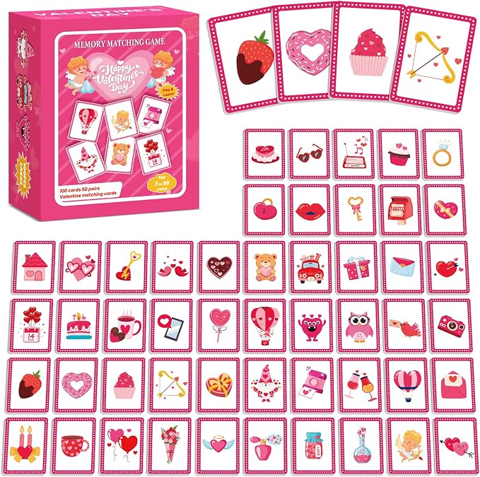 gisgfim 100 PCS Memory Matching Game Valentine's Day Concentration Memory Games Card Educational Game for Kids Educational Ages 3-8 A Fun & Fast Heart Gnome Matching Games by gisgfim