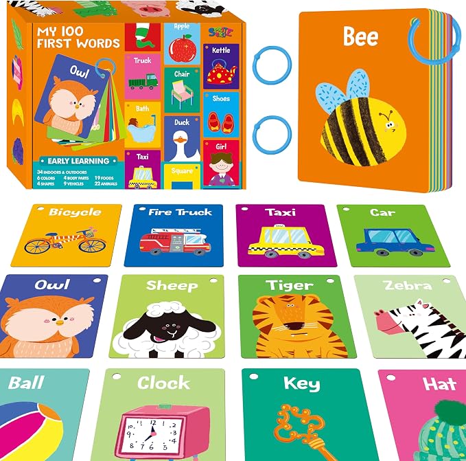 50 PCS First Word Flashcards, Double Sided Learning Cards Alphabet, Foods, Animals, Shapes, Colors, Vehicle, Body Parts with 2 Reclosable Rings, Learning Tool for Pre-K Kindergarten Toddlers by SpriteGru