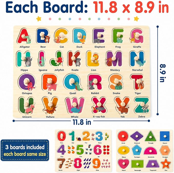 Wooden Peg Puzzles for Toddlers, 3 Pack Large Wooden Knob Puzzles for Ages 3-5, Montessori Shape Matching Toys, Preschool Learning Puzzles for Fine Motor Skills, Birthday Gifts for Boys Girls 3 4 5 - Image 6