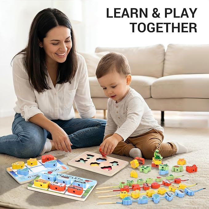 Montessori Wooden Toys for Toddlers 2 3 4: 3-in-1 Theme Sorting, Shape Matching & Color Learning Set - Dinosaur Ocean Vehicle Fruit Chunky Boards - Fine Motor Skills Speech Therapy Gifts - Image 3