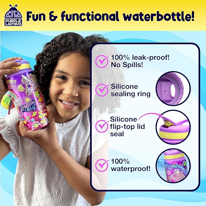 PURPLE LADYBUG Decorate Your Own Water Bottle Kit for Girls - Gifts for Ages 5 6 7 8 9 10 Year Old Girl Birthday, Girl Valentines Day Gifts Unicorn Toys Crafts Kids Ages 6-12
