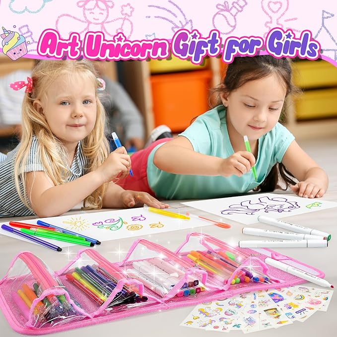 Unicorn Toys for Girls Age 4 5 6 7 8, Unicorn Washable Markers Set with Glitter Pencil Case, Girl Toys Coloring Drawing Kits Art Supplies for Kids 4-6 Birthday Christmas Gifts for 4-8 Year Old Girls