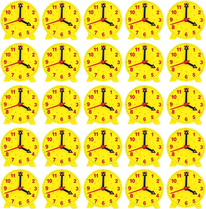 25 Pcs Teaching Clock Kit for Kids to Tell Time Teaching, Teacher Classroom Supplies, 4 Inch Yellow Mini Geared Clock, Basic Math Development Tool by ENIPEDITA