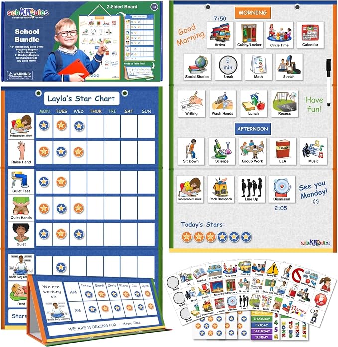 SchKIDules Magnetic Visual Schedule & Progress Chart for School; 2-Sided 18” Folding Board Plus 141 Magnets for Daily Routines, Positive Behavioral Supports, Special Ed, Preschool, ADHD & Autism by SchKIDules