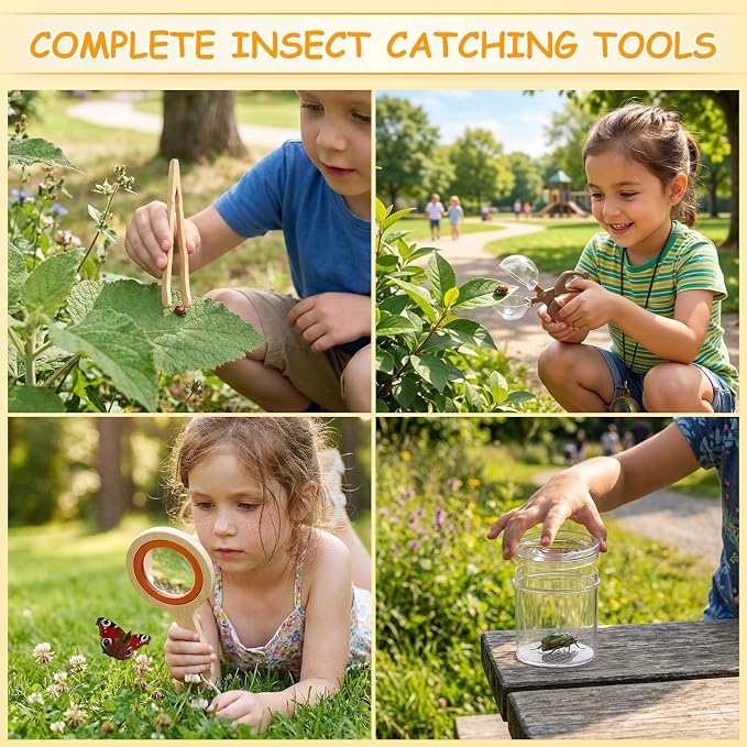 SainSmart Jr. Bug Catcher for Kids - Wooden Bug Habitat with Magnified Viewer, Butterfly Net, Observation Box, Tweezers & 15 Cards, Outdoor Toys & STEM Toys for Boys & Girls Ages 3+, Orange - Image 5