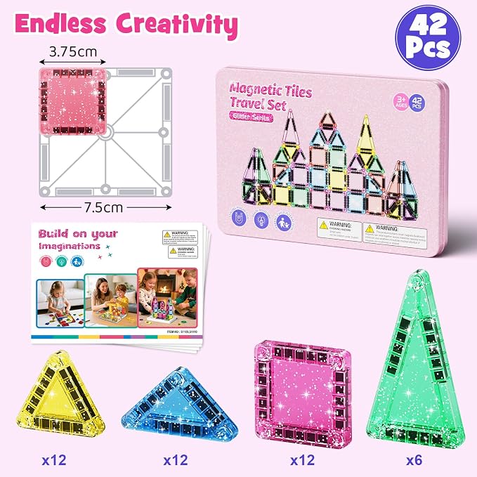 WMXDU 42-Piece Glitter Magnetic Tiles Travel Set with Pink Metal Box - Portable STEM Building Blocks for Kids Ages 3-8 Boys & Girls STEM Montessori Educational Toys for Airplane Car Rides - Image 7