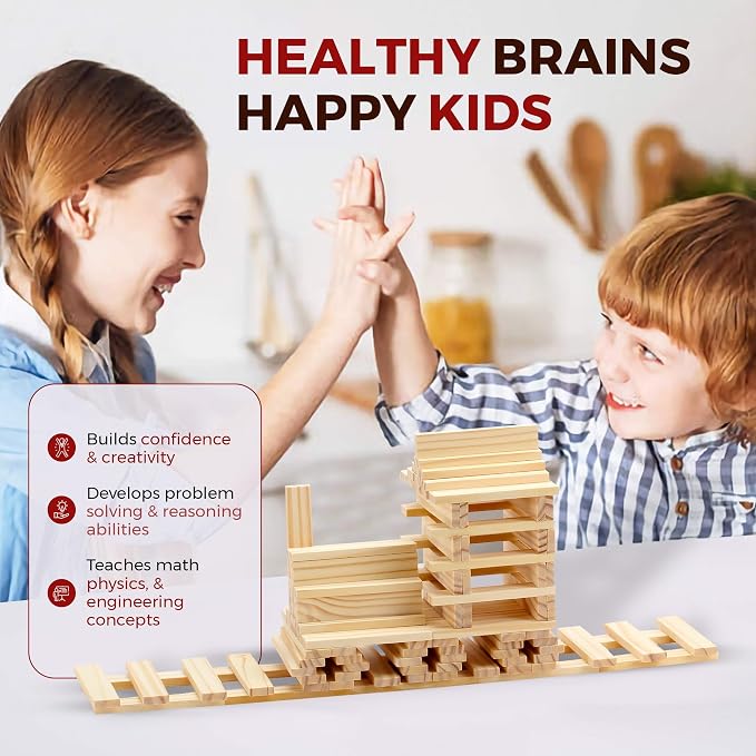 OWT Wooden Building Planks for Kids | 100 Piece STEM Construction Blocks Set for Creative Play | Educational Wood Building Toys for Boys and Girls Ages 3+ | Architecture, Engineering & Learning Fun - Image 2