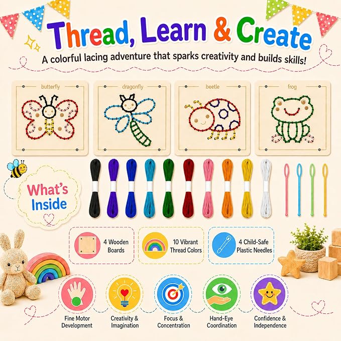 Montessori Wooden Lacing Toys for Toddlers and Kids Ages 2-4 5-7, Sewing Kit Fine Motor Skill Busy Board, Education Sensory Preschool Toy for 1 2 3 4 Year Olds, Birthday Gift for Boys and Girls - Image 3