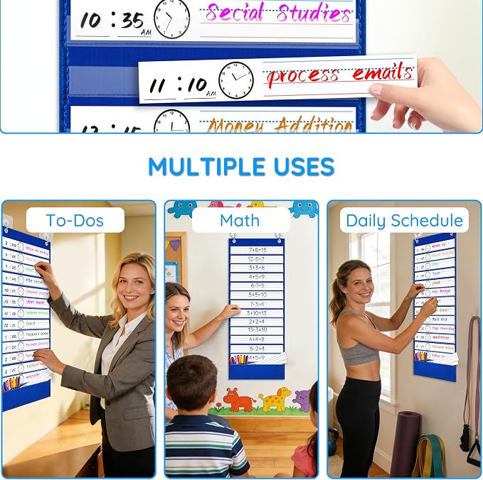 ZKOO Daily Schedule Pocket Chart, 13+1 Pocket with 18 Dry-Erase Cards Blue - Image 2