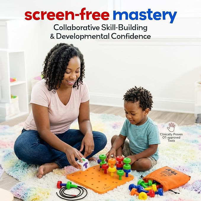 Skoolzy Peg Board Set - Montessori Toys for 2 Year Old - 33 Pc Peg Board for Kids - Occupational Therapy Toys with Pegs, Dice, Lacing String & Storage Bag - Montessori Toys for 2+ Year Old - Image 7