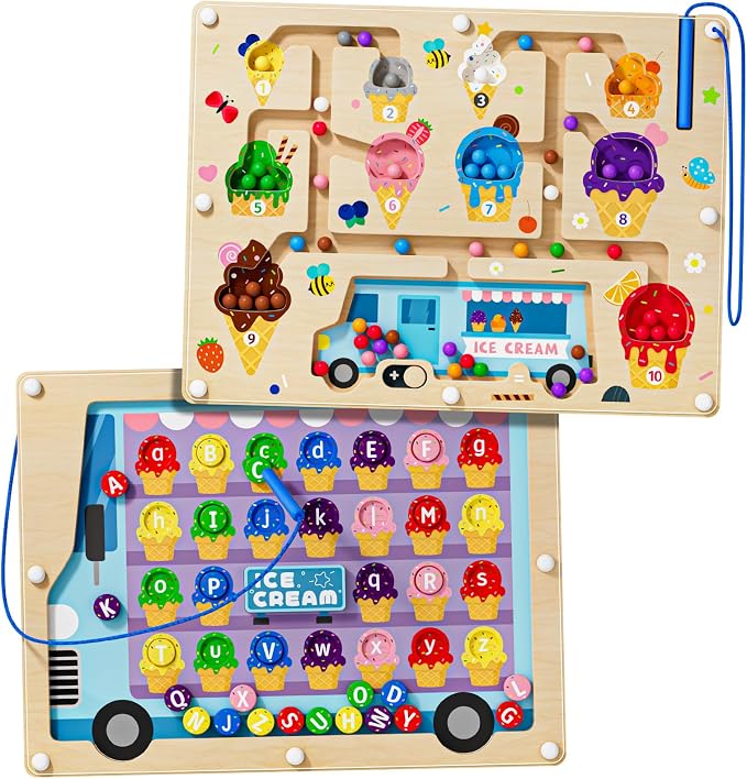 2 in 1 Magnetic Color and Number Maze Double-Sided ABC Alphabet Puzzles Board Magnet Dinosaur Counting Maze Preschool Learning Montessori Education 3 4 5 Years Toys (Ice Cream, One Size) by UMEREACT